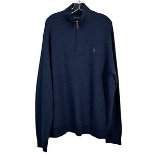 Polo Ralph Lauren Mens 100% Merino Wool Blue Quarter Zip Lightweight Sweater XXL